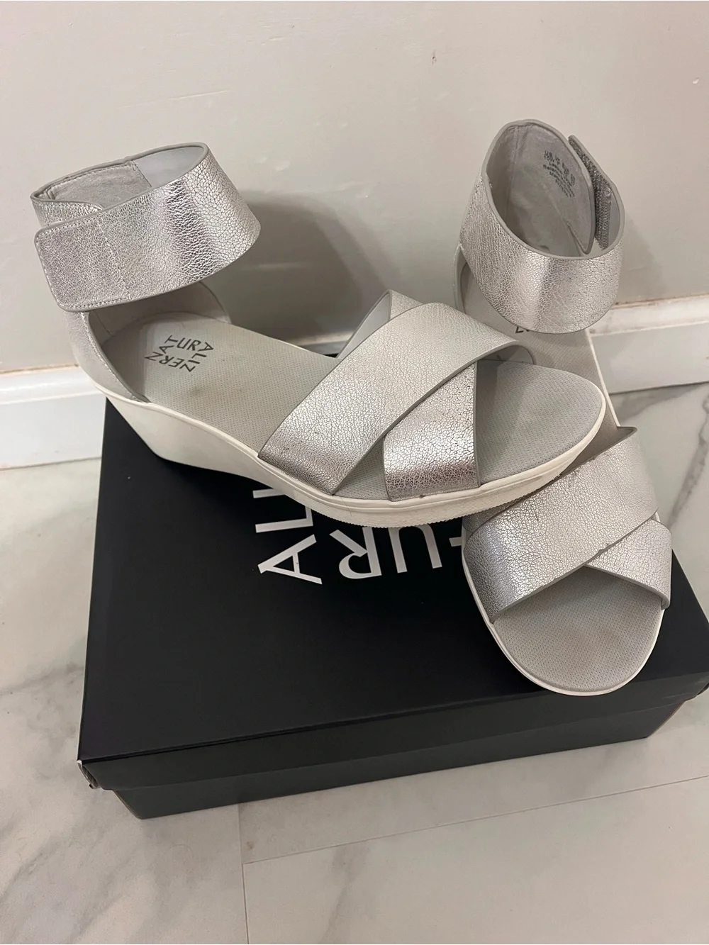 Riviera Silver Metallic Wedge Sandals with Ankle Strap - 10W